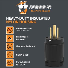 Journeyman-Pro 515PV 15 Amp 120-125 Volt, NEMA 5-15P, 2Pole 3Wire, Straight Blade, Male Plug Replacement Extension Cord Outlet, Commercial Grade Black (Black 10-Pack)