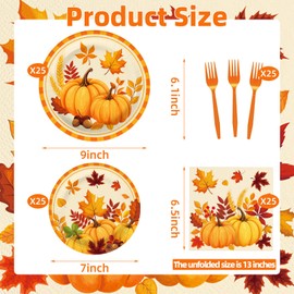 100 Pcs Fall Pumpkin Leaves Tableware Party Supplies Set, Serves 25 – Disposable Autumn Harvest Paper Plates, Napkins, and Forks, Thanksgiving Day Dinnerware for Friendsgiving Gatherings Decorations