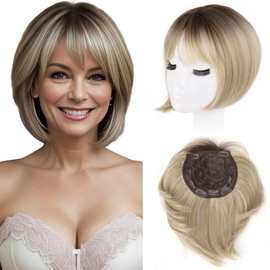 LEEONS Hair Toppers for Women with Bangs Short Bob Synthetic Pieces for Thinning Hair Side Part (Blonde Mixed Light Blonde and Dark Brown Root)