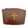 Brown Rosary Pouch with Zipper and Gold Cross Imprint