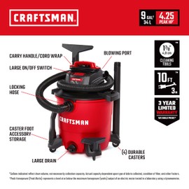 CRAFTSMAN CMXEVBE18690 9 Gallon 4.25 Peak HP Wet/Dry Vac, General Purpose Portable Shop Vacuum with Dusting Brush and Attachments