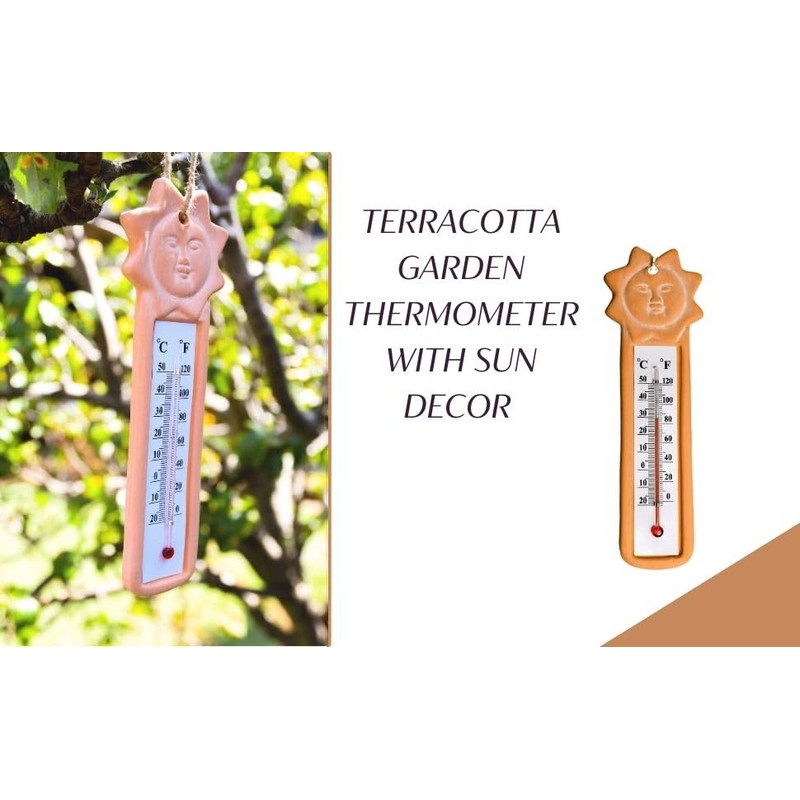 Terracotta Garden Thermometer with Sun Decor - Accurate Temperature Readings,