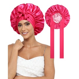 Satin Bonnet for Women with Elastic Tie Band - Silk Bonnets for Sleeping Double Layer Sleep Cap for Curly Hair, Reversible Night Hair Wrap (Pink+Light Pink)