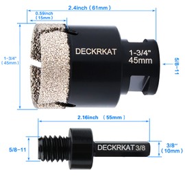 Diamond Hole Saw, 1-3/4" Hole Saw for Tiles Granite Marble Ceramic Glass Porcelain, 45mm Core Drill Bit with 5/8-11 Thread and 3/8” Hex Shank Adapter for Angle Grinders & Drills