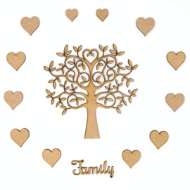 Family Tree Set Kit - MDF Tree, 12 x Hearts and Family Wording. Make Your own Family Tree (15cm)