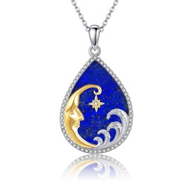 Hukkun Sterling Silver Teardrop Lapis Lazuli Moon and Star Necklace - Women's Moon Jewelry
