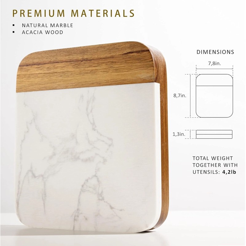 Cheezcare White Marble Cheese Board - Acacia Wood - 3-Knife