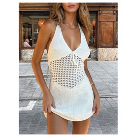Milumia Women's Tie Backless Halter Crochet Dress Hollow Out Swimsuit Coverups Beachwear White Large