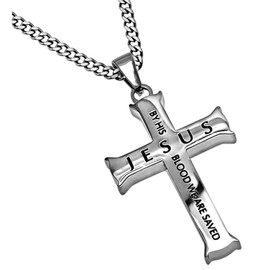 North Arrow Shop Romans 5:9 Jewelry Jesus Cross Necklace Bible Verse, Stainless Steel with Curb Chain (24 Inches)