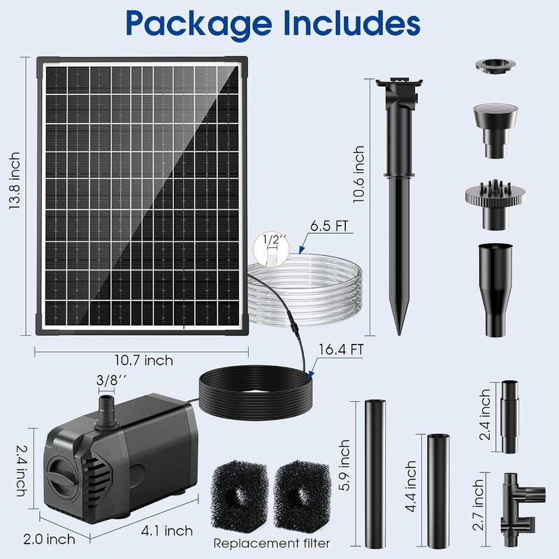 Biling 20W Solar Pond Pump 320GPH Dry-Run Protection Quiet Pump
