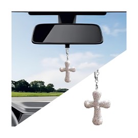 Norkmdi Bling Car Hanging Ornament, Double-Sided Cross Crystal Rhinestone Vehicle Rear View Mirror Charm, Cute Diamond Rearview Mirror Pendant, Universal Auto Interior Accessories (White)
