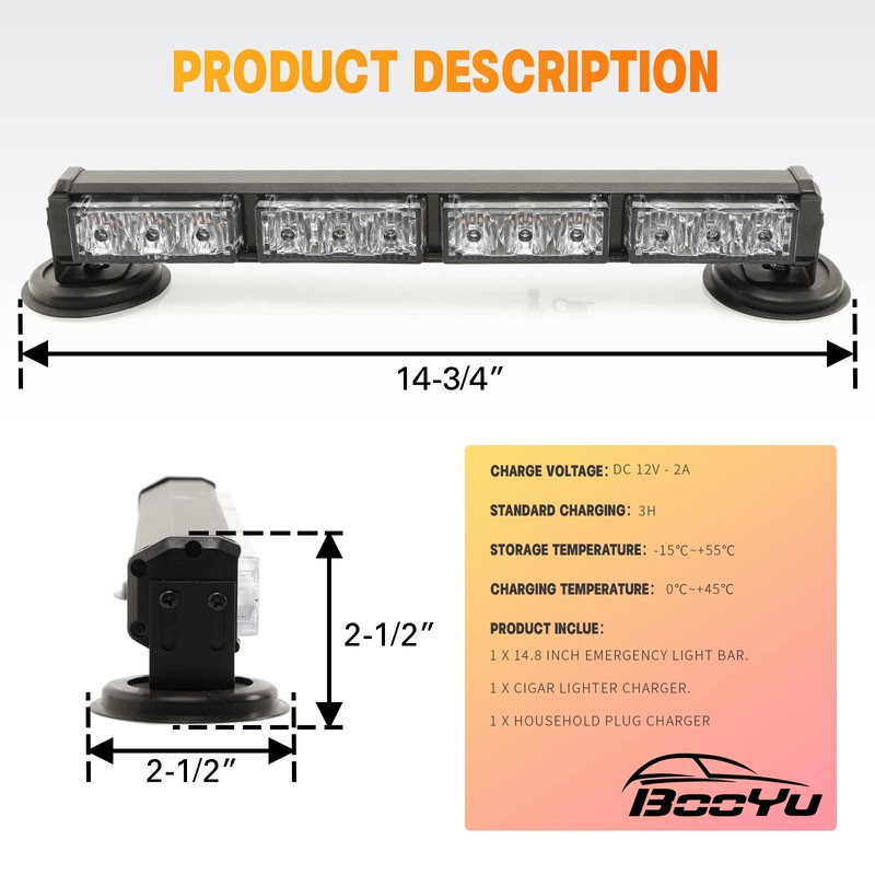 BooYu 14.8" Battery Powered Police Firefighter Emergency Strobe Lights Bar