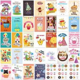 32 Happy Birthday Cards, Birthday Cards with Envelopes, Matching Stickers, Assorted Birthday Cards with Blank Inside - 4 x 6 Inch Birth Cards Perfect to Send Warm Birthday Wishes to Kids Family Friends