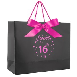 Hot Pink Sweet 16th Birthday Gift Bag with Greeting Handles and Ribbon for Girls 16 Year Birthday Gift Wrapping Bag for Party Favors Goodie Wrapping Bag Decorations Supplies