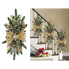 IPOPU Christmas Swag Wreaths, Light up Christmas Stair Swags, Artificial Christmas Teardrop Swags Prelit Stairs Christmas Decoration for Stair Railing Wall Window Xmas Decor(Gold)