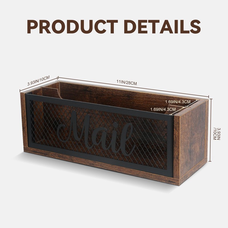 Mail Organizer Countertop, Rustic Farmhouse 2-Slot Wood & Iron Mail