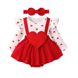 Newborn Baby Girl Valentines Day Outfit Heart Print Ribbed Ruffle Long Sleeve Romper Dress with Headband Red 0-3 Months