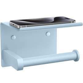 Tindbea Toilet Paper Holder with Phone Shelf, Adhesive or Screw Wall Mount Toilet Tissue Roll Holder, Rustproof & Multifunctional Stainless Steel Bathroom Storage Dispenser (Ice Blue)