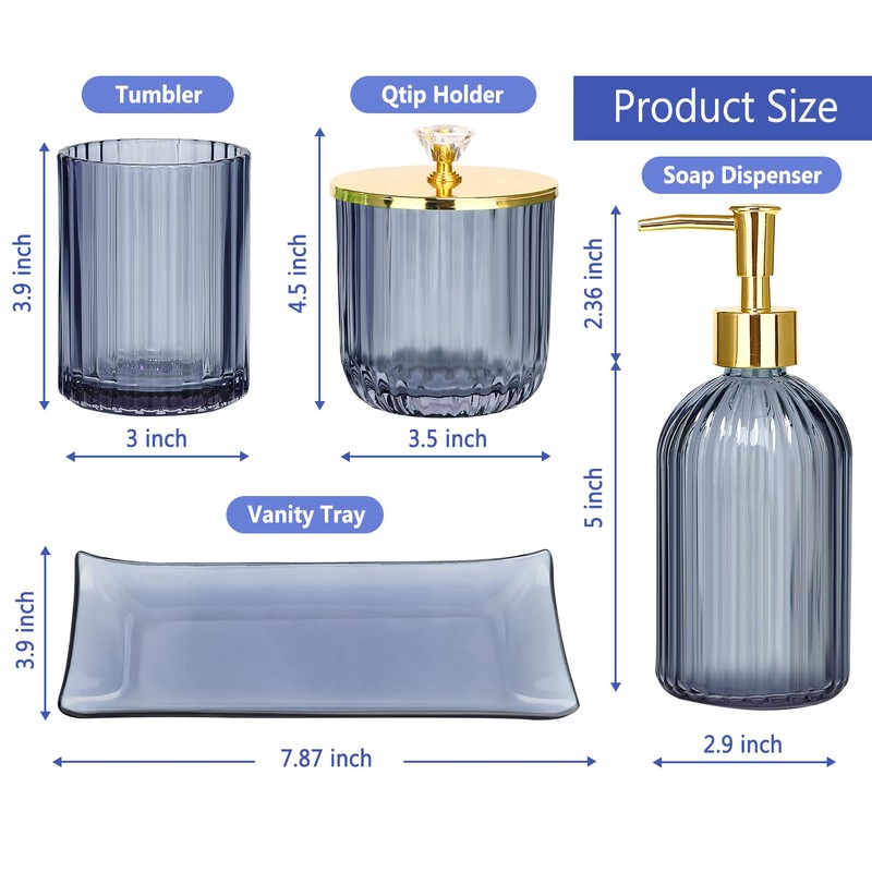 Haturi Bathroom Accessories Set, 4 Pcs Blue Glass Bathroom Accessories