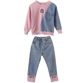 amropi Girl's Clothing Set Pullover Sweatshirt and Striped Jogging Jeans Pants Outfits Pink-1 Blue,5-6 Years