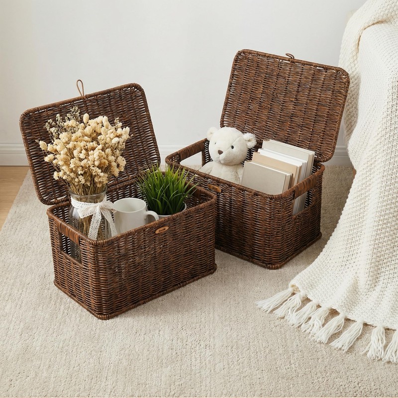 Nonam Wicker Storage Basket with Lid, Large Shelf Baskets for