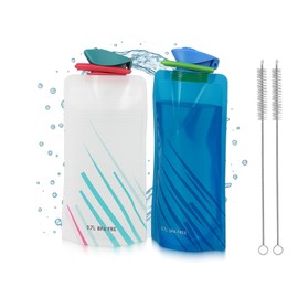 EUYKQNOI Set of 2 Foldable Drinking Bottles, 700 ml (White + Blue) and 2 x Cleaning Brushes, 30 cm, BPA-Free, Refillable for Festivals, Camping, Hiking, Travel, Outdoor Activities