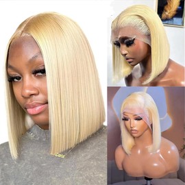 Falaimei 13x4 HD Transparent Blonde Bob Wig Human Hair Straight 613 Bob Wigs 180 Density 613 Blonde Lace Front Wigs for Women Glueless Wigs with Baby Hair 16 Inch
