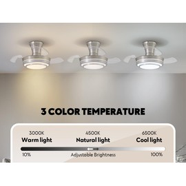 APBEAMLighting Retractable Small Led Ceiling Fan with Light and Remote 28 Inch Low Profile Brushed Nickle Modern Fandelier for Bedroom Living Room Dimmable 6 Speed Reversible Smart Ceiling Fan