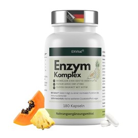 EXVital® Enzyme Complex, with 800 mg Bromelain (5000 F.I.P), 300 mg Papain, Rutin & Selenium - 180 Capsules, Pineapple & Papaya Enzyme - Gastric Juice-Resistant Capsules, Vegan & Laboratory Tested