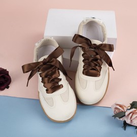 Quhizouy 2 Pairs Satin Ribbon Shoelaces Flat Colorful Shoe Laces for Women Boots Sport Shoes (Coffee)