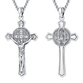 LOOVE St Benedict Crucifix Necklace for Men Sterling Silver St Benedict Medals Necklace Religious Jesus Cross Necklace Saint Benedict Cross Necklace for Women