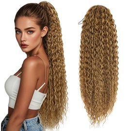 BHF Drawstring Blonde Ponytail Extension - Long Curly Hair Ponytail Extensions Dark Blonde Mix Natural Pony Tail Extension for Black Women（30inch 8/24#）