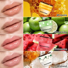 4 piezas de bálsamo labial de abeja en tarro de miel, bálsamo labial de miel, sandía, manzana y coco, mascarilla para dormir durante la noche con palitos, exfoliante de labios que previene la