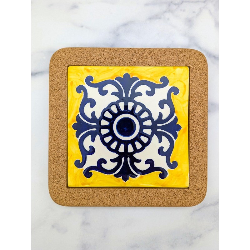 Portuguese Ceramic Tiles Trivet with Cork Base for Hot Pots