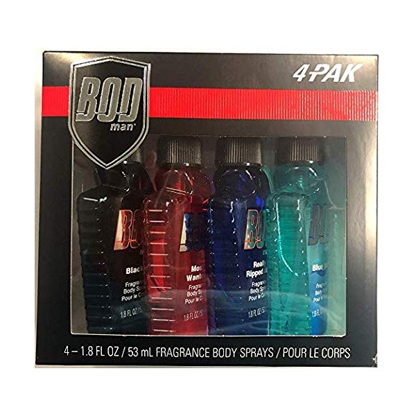 Bod Body Spray for Men -- Gift Set of 4 Bod Man Body Sprays (Black, Really Ripped Abs, Most Wanted, Fresh Blue Musk)