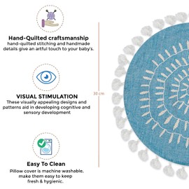 Crane Baby Pillow, Decorative Round Pillow for Nursery and Toddler Rooms, Blue, 12" x 12"