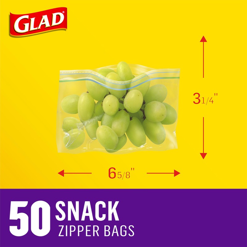 Glad Zipper Food Storage Plastic Bags, Snack, 50 Count (Packaging