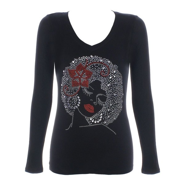 Women's Woman with Flower in her Hair Rhinestone Bling V-Neck