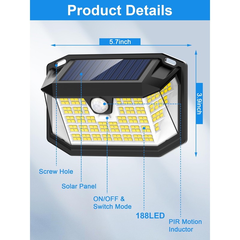 LANSOW Solar Motion Lights Outdoor 6 Pack, 188 LED/3 Modes,