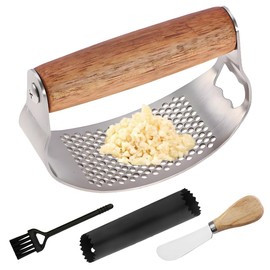 Garlic Press Rocker Stainless Steel Ginger Crusher, Garlic Mincer and Squeezer Kitchen Gadget with Ergonomic handle, Silicone Tube Garlic Peeler, Scraper and Cleaning Brush Tool Set