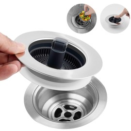 Hibbent 3 in 1 Kitchen Sink Drain Strainer, Stainless Steel Wrapped Shell Drain Stopper Combo, Pop Up Sink Stopper, Anti-Clogging Basket Strainer with Foldable Handle for US Standard 3-1/2" Drain