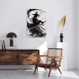 Japanese Samurai Wall Art Black and White Warrior Wall Decor Prints Vintage Japanese Cultural Samurai Pictures Canvas Painting Framed for Living Room Bathroom Bedroom Office (24''W x 36''H)