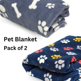 E&A Distribution Limited Pet Blanket for Dogs and Cats 2 Pack- 100x 85cm Long Faux Fur Dog Bed Blankets Medium Fleece Flannel Blanket for Pets - Soft Fluffy Warm Blanket Throw - Paws Design