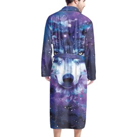 GIFTPUZZ Wolf Cool Mens Nightshirts Long Sleeve Soft Sleepshirt Nightgown Pajama V Neck Long Sleepwear Nightwear Bathrobe Fleece Spa Robe Family Bathing Home Using Bathrobe Housecoat