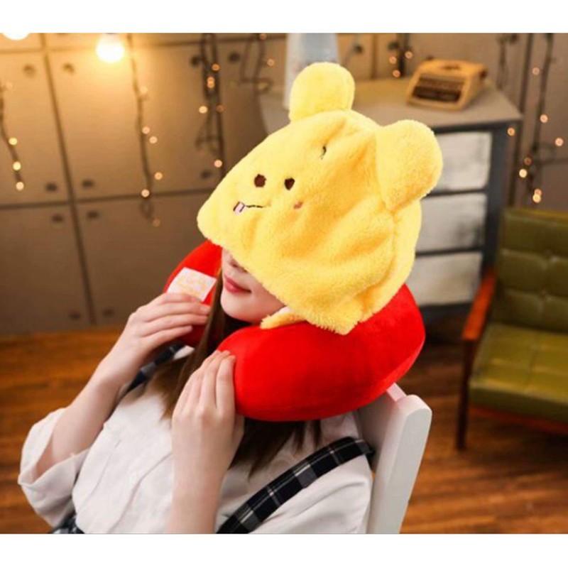 Cute Teddy Bear Pooh Travel Neck Pillow with Hoodie Hood
