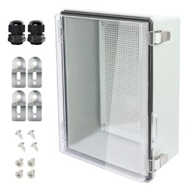 LeMotech Electrical Box, IP67 Waterproof Hinged Clear Cover Stainless Steel Latch Junction Box, ABS Plastic Electrical Enclosure with Mounting Plate,Wall Brackets, Cable Glands,13.8"x9.8"x5.9", Grey