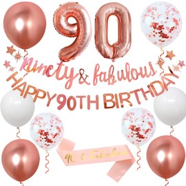 DEARLIVES 90th Birthday Decorations Include Rose Gold Ninety & Fabulous Banner,Happy 90th Birthday Banner Sash Ribbon and Balloons for Women Party Birthday Decoration (90th Birthday)
