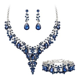 EVER FAITH Banquet Prom Jewelry Set for Women, Elegant Crystal Flower Round Teardrop Statement Necklace Dangle Earrings Bracelet Sapphire Blue Silver-Tone