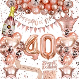 40th Birthday Decoration for Women, Rose Gold 40th Birthday Decorations, 40th Rose Gold Balloons Happy 40th Birthday Banner Triangle Flag Banner Number 40 Balloons for Birthday Party Decorations