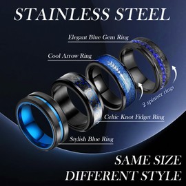 4Pcs Mens Rings Set Anxiety Spinner Chain Rotation Fidget Band Cool Blue Hip Hop Stainless Steel Male Jewelry Size 7